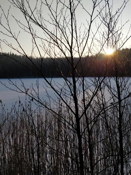 Lake, sunset in winter